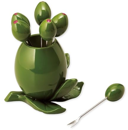 Supreme Housewares Olive Cocktail Picks and Holder Set, Stainless Steel Reusable Fruit Forks, Decorative Olive Theme Appetizer Picks for Charcuterie, Martini Party or Bar, Green, Set of 7