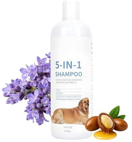 475ml Hundeshampoo 5 in 1 Shampoo für Hunde mit Lavendel-Duft,Sanfte Reinigung Pflege,Glänzendes Leicht Kämmbares Fell,Gegen Gerüche für Alle Rassen