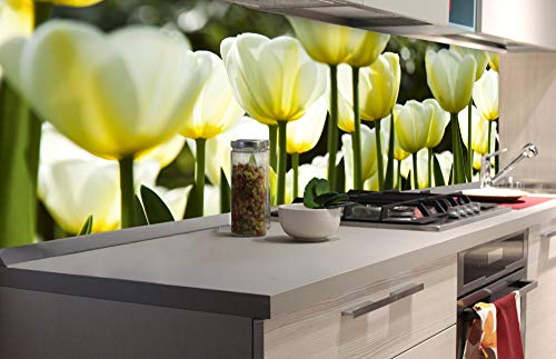 Küchenrückwand Folie selbstklebend WEIßE TULPEN | Klebefolie - Dekofolie - Spritzschutz für Küche | Made in EU - 180 cm x 60 cm