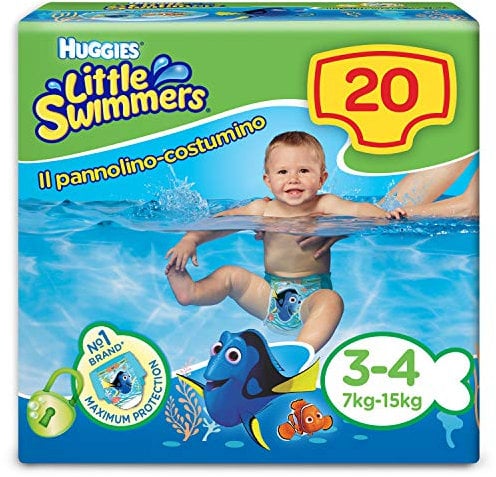 Huggies Little Swimmers Pañales Bañadores para Bebé Talla (3-4), Barreras Anti-Escapes para Una Máxima Protección en el Agua, 20 Pañales Desechables