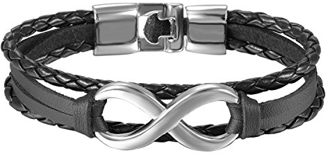 OIDEA Herren Damen Infinity Leder Armband, Unendlichkeit Symbol Manschette Kordelkette geflochtenes Lederband Legierung Armreifen, Silber schwarz