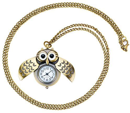 Taffstyle Damen Kinder Halskette mit Uhr Eulen Anhänger Retro Vintage Damenuhr Analoguhr Altgold Gold