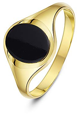 Theia Herren Siegelring 9 Karat Gelbgold, Ovaler, Set mit schwarzem Onyx 10 x 8mm, Größe 53 (16.9)