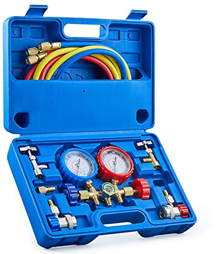Orion Motor Tech AC Manifold Gauge Set for R12 R502 R134a Refrigerant, 3 Way Car AC Gauge Set w Antishock Gauges Hoses Couplers & Adapter, Puncturing & Self Sealing Can Tap Freon Charge Kit, Blue Case
