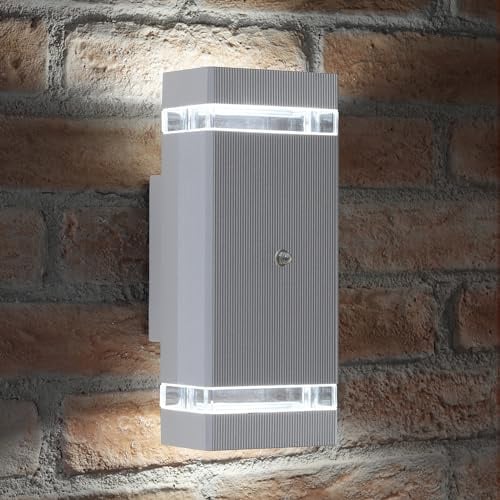 Auraglow Dusk Till Dawn Double Up and Down Wall Light Silver, Cool White | Automatic sensor security lamp, 2 bulbs included, 1100 lumen, IP44, for house exterior, porch, garage and drive