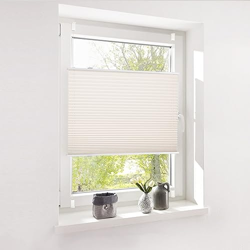 Deswell Plissee ohne Bohren Plisseerollo klemmfix Beige B90 x H120 cm Plisseerollo Stoff Sonnenschutz Leicht zu Montieren & Verspannt kinderleichte Montage 4Locks für Fenster & Tür