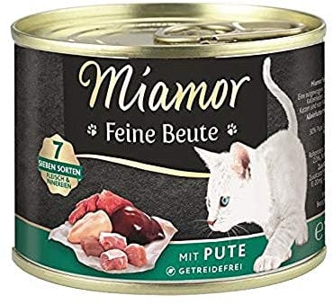 MIAMOR - Feine Beute | Nassfutter für ausgewachsene Katzen mit 7 Sorten Fleisch und Innereien. Getreidefreies Alleinfutter mit Taurin in der Dose ohne künstliche Zusätze | 12x185g Pute
