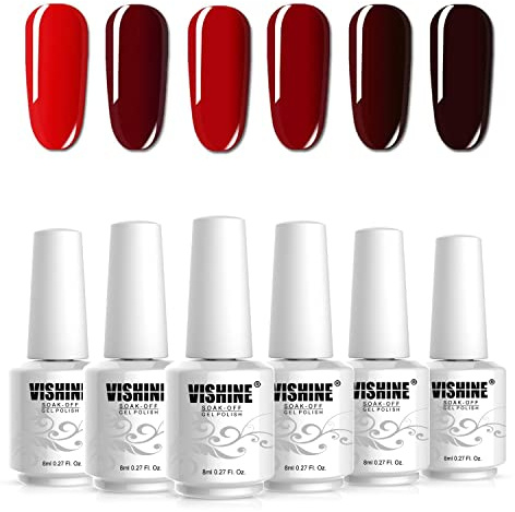 Vishine Gel Nagellack-Set Rot, Schellack Nagellack Starterset,Gel Nail Polish Red für Nagel-Design 6 x 8ml