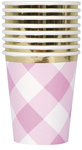 Papierbecher - 266 ml - Rosa Gingham 1. Geburtstag - 8er-Pack