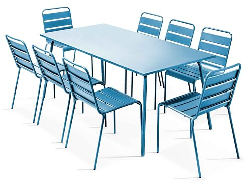 Ensemble table de jardin et 8 chaises en métal bleu pacific - Palavas