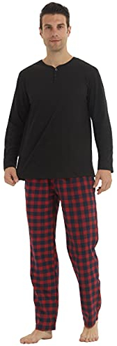 YUSHOW Pyjamas for Men Microfleece Sleepwear Ultra Soft Henley T-shirt Top & Flannel Checked Pjs Bottoms with Pockets Christmas Pajamas Loungewear for Winter
