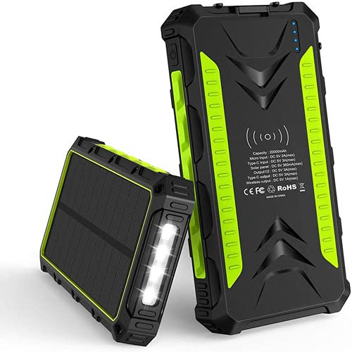 TWDYC Banque d'alimentation solaire 36000 mAh étanche 2 batteries externes USB Qi sans fil à chargement rapide avec lumières LED lumineuses, compatible avec Apple, Samsung et tablettes (36000 mAh)