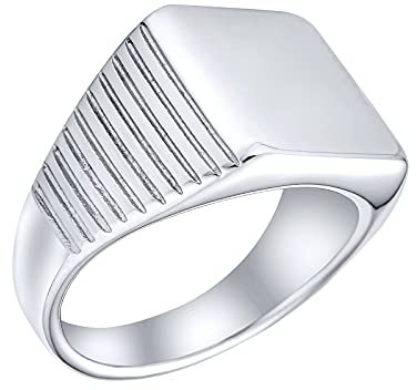 Bling Jewelry Personalisierter Herren Monogramm Initialen Statement Siegelring Für Männer Mit Rillenstreifen An Der Seite Silberfarbener Edelstahl