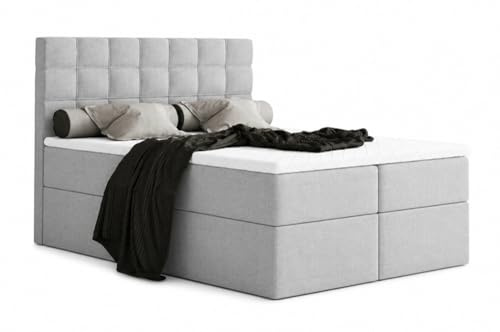 Generisch Boxspringbett MERA mit Bettkasten und Topper, Bonellfederkern Matratze H3, Doppelbett mit Stauraum, Polsterbett Schlafzimmer (Hellgrau - Aura 15, 140 x 200)