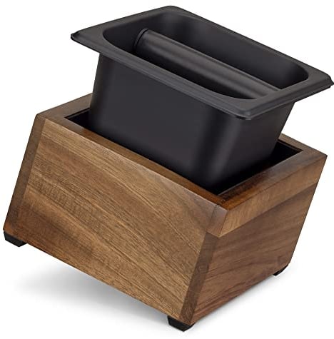 Navaris Abklopfbehälter aus Akazienholz 18x17x11cm - Abschlagbehälter für Siebträger - Zubehör für Espresso Kaffeemaschine Siebträgermaschine - natur schwarz