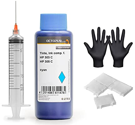 Octopus Nachfülltinte kompatibel für HP 303 und HP 305 Tintenpatronen, DeskJet 2700, Plus 4100, Envy 6000, Pro 6400 Cyan 100 ml mit Spritze