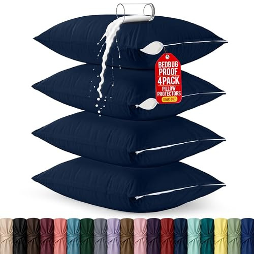 Set of 4 Pillow Protectors with Zipper Queen Size, Pillow Covers | Ultra Soft Pillow Encasements, Bed Bug & Dust Mite Proof, Moisture Wicking & Waterproof Pillow Cases by Utopia Bedding, Navy