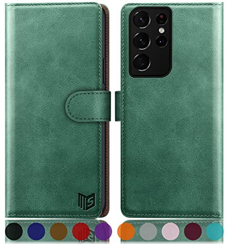 SUANPOT for Samsung Galaxy S21 Ultra case with [Credit Card Holder][RFID Blocking],PU Leather Flip Book Protective Cover Women Men for Samsung S21 Ultra Phone case sea green