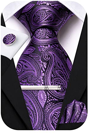 Hi-Tie Klassisches Herren-Krawatten-Set aus Seide, Einstecktuch, Manschettenknöpfe, Clipnadel, solide Streifen, Paisley-Krawatte, 4-teilig, Violett / Schwarz, M