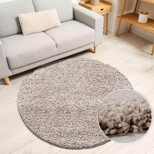 Miovani Hochflor Teppich Rund 80 cm Beige - Besonders weicher Shaggy Teppich in vielen Farben & Größen für Dein gemütliches Zuhause - Teppich Wohnzimmer & Schlafzimmer