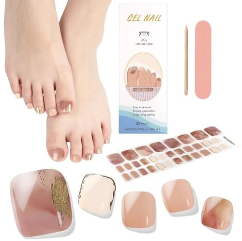 EBANKU 32 PCS Gel Nail Strips, Gel Toeail Strips Full Wraps Adhesive Gel Toenail Stickers with Nail File and Stick(UV/LED Lamp Required)-4