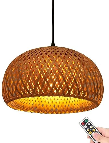 Lámpara colgante de ratán con pilas con control remoto,Lámpara colgante de techo inalámbrica,Iluminación colgante sin cableado Lámpara de mimbre de bambú para cocina, isla, sala de estar, comedor (Co