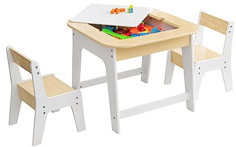 LIFEZEAL Kindertisch mit 2 Stühlen, Kindersitzgruppe mit Doppelseitiger Maltisch & Stauraum, Kinder Tisch Stuhl Set, Kindermöbel aus Holz für Kinderzimmer & Kindergärten (Weiß)