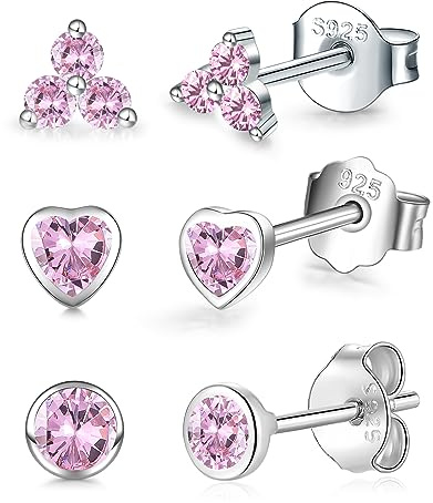 Sterling Silver Studs Earrings Set for Women Men, 3 Pairs Hypoallergenic Flower Heart Round Cubic Zirconia Stud Cartilage Helix Studs for Multiple Piercing (Silver/Pink/Blue/Green/Purple)