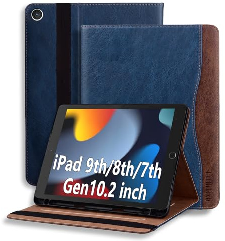 ONETHEFUL Hülle für iPad 9 8 7 Generation (10.2 Zoll, Model 2021/2020/2019),Premium Pu Leder Klappständer Schutzhülle mit Stifthalter und Dokumentschlitze, Blau