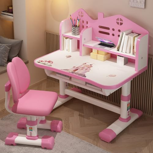 Set di tavolo da studio per bambini, scrivania e sedia rosa, regolabile in altezza per studenti, scrivania allargata con motivo cartone animato, tavolo da studio per bambini con cassetto e sedia