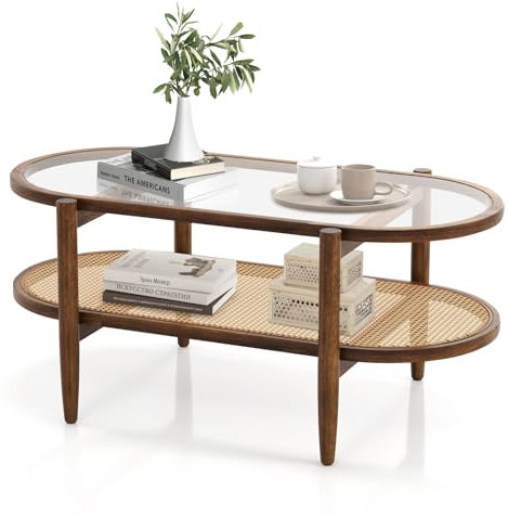 Multigot 2-Tier Coffee Table, Tempered Glass Cocktail Center Table with PE Rattan Storage Shelf & Acacia Wood Legs, Accent Sofa Snack Tea Tables for Living Room Bedroom Office