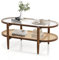 Multigot 2-Tier Coffee Table, Tempered Glass Cocktail Center Table with PE Rattan Storage Shelf & Acacia Wood Legs, Accent Sofa Snack Tea Tables for Living Room Bedroom Office