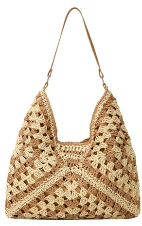 Halemet Stroh-Hobo-Taschen für Damen, Vintage, Umhängetasche, Tragetasche, Designer-Strandtasche, Urlaub, Arbeit, Alltag, Sommer, Khaki, Einheitsgröße