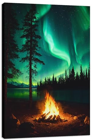 MODOJOART Aurora Leinwand-Kunst, Aurora-Bäume, See, Feuer, Gemälde, Druck, Aurora-Borealis-Bild, Poster für Wohnzimmer, Schlafzimmer, Dekoration (Kunstwerk 01, 30,5 x 45,7 cm)