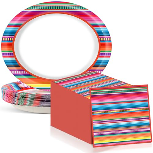 QOUBAI Mexikanische Fiesta-Party, ovale Pappteller, 27,9 cm, Cinco de Mayo Teller und Servietten, Mexiko-Streifen, Geschirrtablett für Tanz, Pinata, Taco, Party, bunte Ponchos, Picknick-Geschirr,