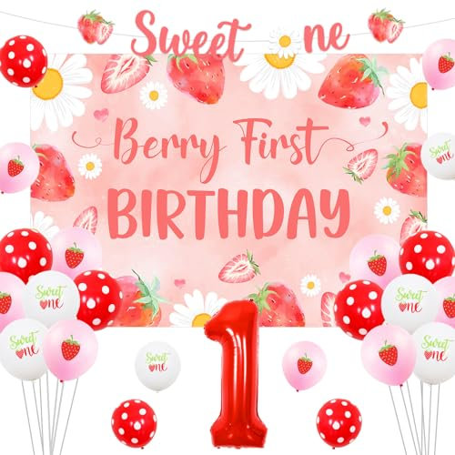 Sursurprise Erdbeere 1. Geburtstag Dekorationen für Mädchen, Berry First Birthday Hintergrund Sweet One Banner Nummer 1 Ballon Erdbeere Erster Geburtstag Party Supplies