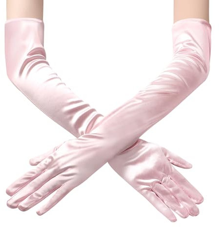 JUNART Guanti lunghi in raso, eleganti guanti lunghi al gomito per feste liriche, matrimoni, abiti da sera, costumi di carnevale, danza, Rosa, 1Pcs