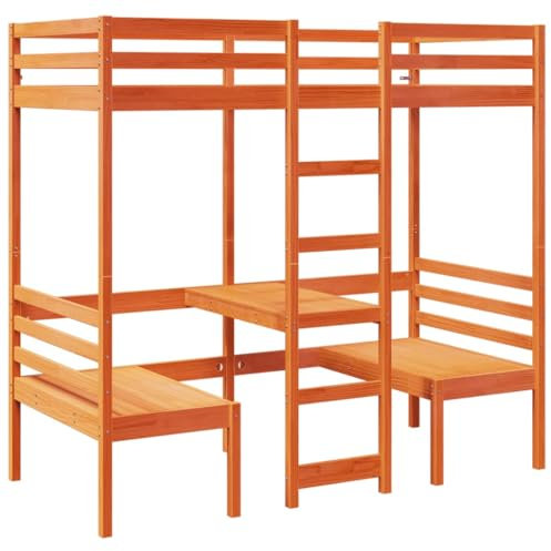 vidaXL Hochbett, Holzbett mit Schreibtisch Stühlen, Bettgestell mit Lattenrost Rausfallschutz, Bett für Kinder Jugendliche Erwachsene, Braun 75x190cm Massivholz Kiefer