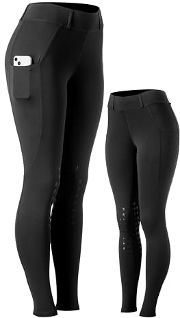 Equinavia Classic Womens Equestrian Silicone Knee Patch Breeches with Phone Pockets | Horse Riding Pants Schooling Tights - Black - L