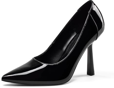 GENSHUO Talons Aiguilles Uniques en Forme de cône, 10 cm de Hauteur, Bout Pointu pour Un Style élégant et confiant, Vernis Noir, 37 EU