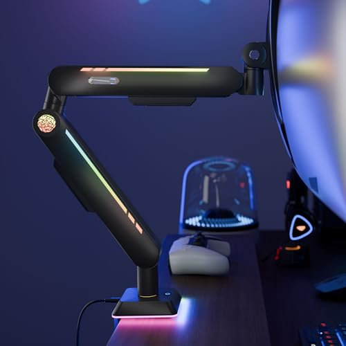 THEARK Single Monitor Mount, Built-in RGB Lights, Adjustable Arm with USB & Grommet Base, LED, 17”–32” Screens, VESA 75x75 or 100x100mm, Black