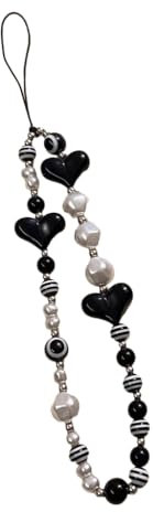 MZRAN Schlüsselanhänger für Frauen und Mädchen, Handy-Charm, Schlüsselanhänger, Kawaii-Preal, Schlüsselband, schwarzes Herz, runde Perlenkette, Schlüsselband Y2K für Frauen und Mädchen, schwarz /