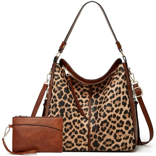 Große trendige Designer-Hobo-Tragetasche für Damen, weiches Leder, Crossbody-Tasche, Geldbörse und Geldbörse, Set in Schwarz / Braun, Leopard, Large