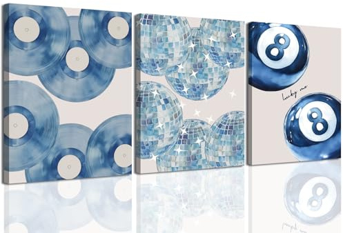 Trendy Blue Lucky 8 Ball Wandkunst, 3er-Set, adrett, marineblau, Teenager, Mädchen, Wanddekoration, Kokette, Disco-Poster, Leinwanddrucke, Bilder für Schlafzimmer, Wohnzimmer, Wohnheim, 30,5 x 40,6 cm