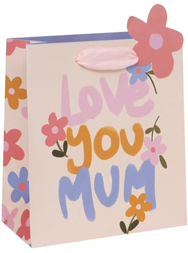 Glick Luxuriöse Geschenktüte, Love You Mum Geschenktüte, geeignet für Muttertag und Geburtstag, Blütenblätter und Posien mit Liebes-Design, 20 x 22,5 x 10 cm, Rosa und Violett