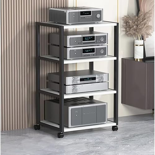 Elitix HiFi Rack 1 2 3 4 5-stufiger, Robuster AV-Medienständer mit Rädern, Rustikal, Professionelle Stereo-Racks und Ständer für CD-Player, DVD-Speichermedien-Tower-System(White,Four-Layers)