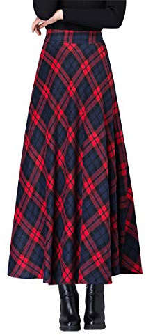 BiilyLi Jupe Longue Femme Hiver Élégant Carreaux Haute Taille Maxi Jupe en Laine A-Line Taille élastique Skirt 1953 Rouge -XL