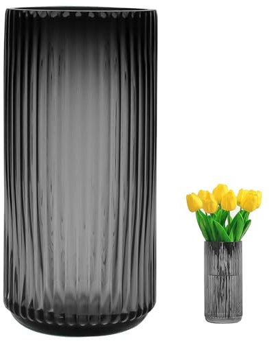 TEUYOE Vasen Glas, 20 cm Gerippte Glasvase,Modern Geriffelte Vase, für Orchideen, Rosen, Tulpen,Wohnzimmer, Esszimmer, Couchtisch, Küche, Büro(Grau)