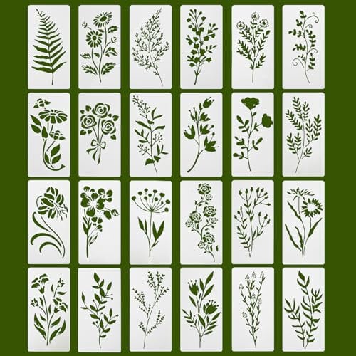 24 Pcs Pochoirs pour Peinture Murale Réutilisables, Pochoir Peinture Murale Fleurs Feuilles, Pochoir Scrapbooking, Pochoirs de Dessin pour Bricolage Travaux Manuels Décoration Murales