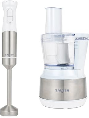 Salter Boston Hand Blender & Food Chopper Set – Electric Immersion Stick Blender, 600ml Food Processor, Vegetable Chopper, Durable Stainless-Steel Blades, Soups, Sauces, & Baby Food, Ice White Shimmer